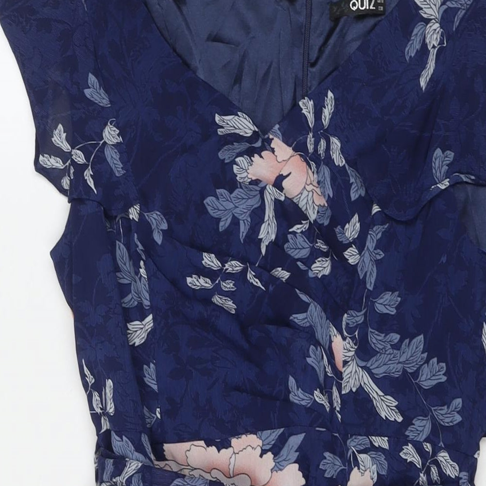 Quiz Womens Blue Floral Polyester Fit & Flare Size 10 V-Neck Zip