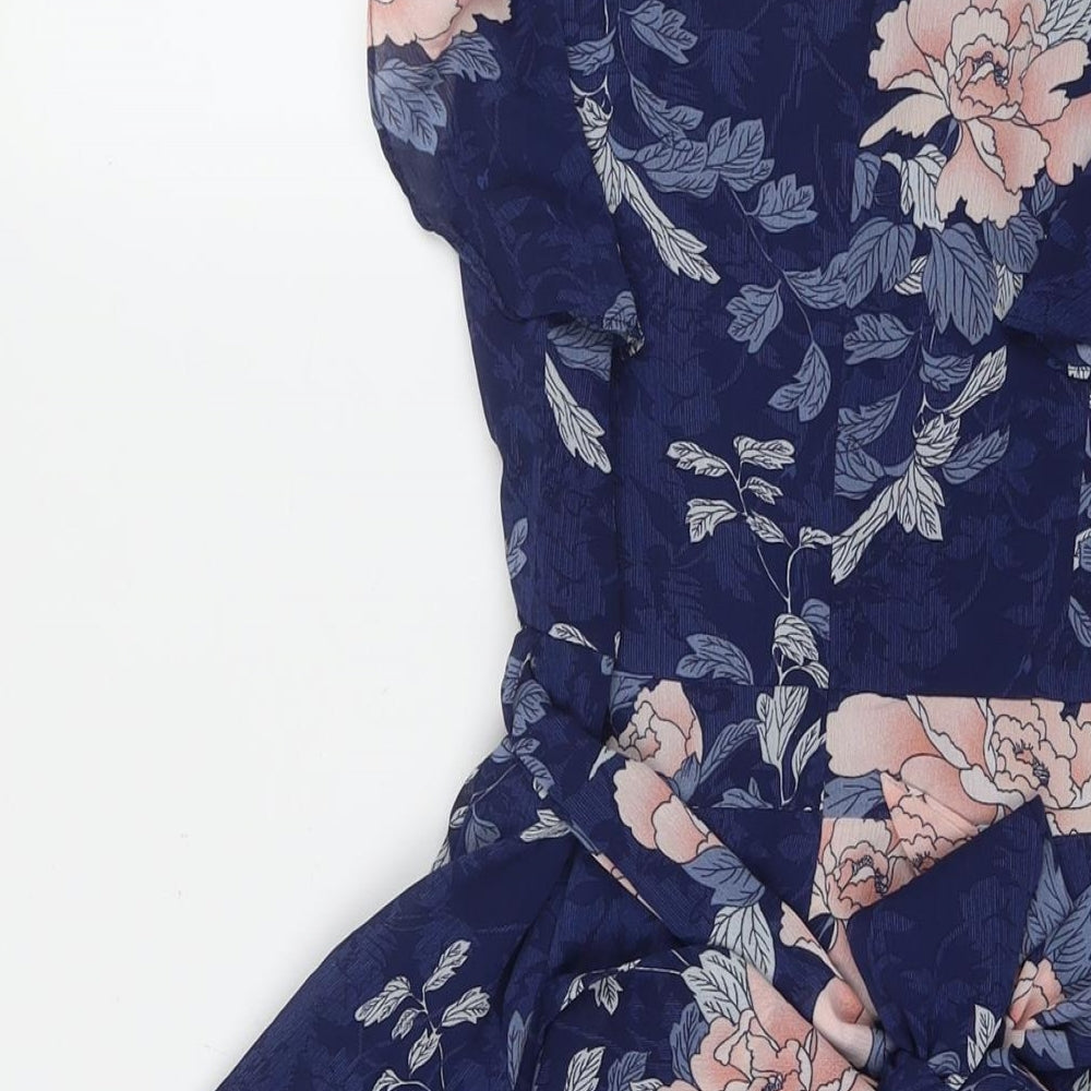 Quiz Womens Blue Floral Polyester Fit & Flare Size 10 V-Neck Zip