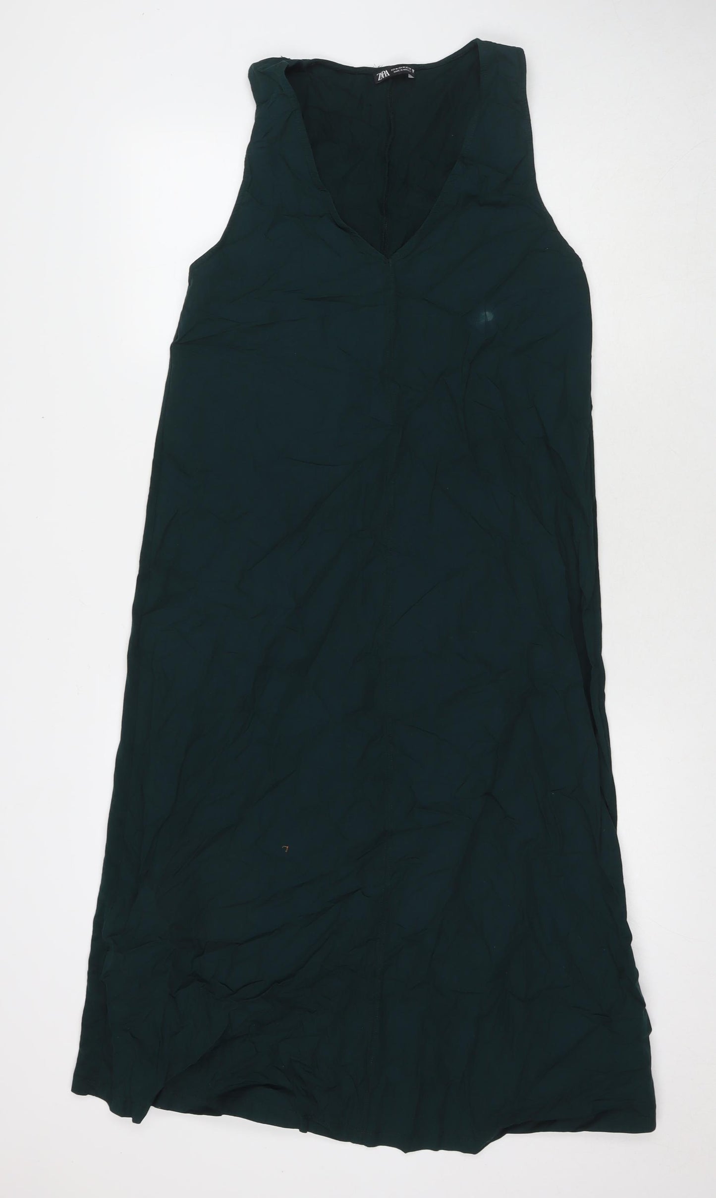 Zara Womens Green Cotton Tank Dress Size M V-Neck Pullover