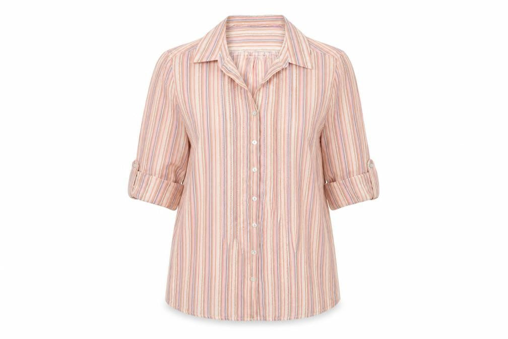 Front view of EWM women’s multicoloured striped polyester basic button-up, size UK 14, collared