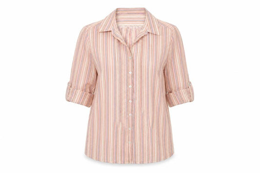 Front view of EWM women’s multicoloured striped polyester basic button-up, size UK 14, collared