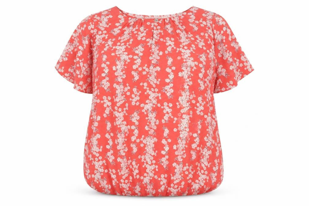 Front view of Bonmarché women’s pink floral polyester basic blouse, size UK 12, round neck