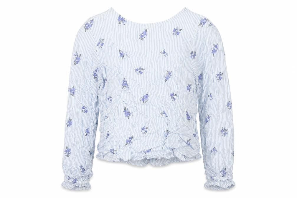 Front view of Divided by H&M women’s blue striped viscose basic button-up, size UK 4, round neck