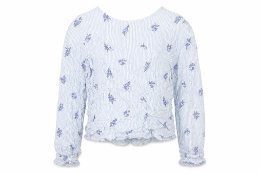 Front view of Divided by H&M women’s blue striped viscose basic button-up, size UK 4, round neck