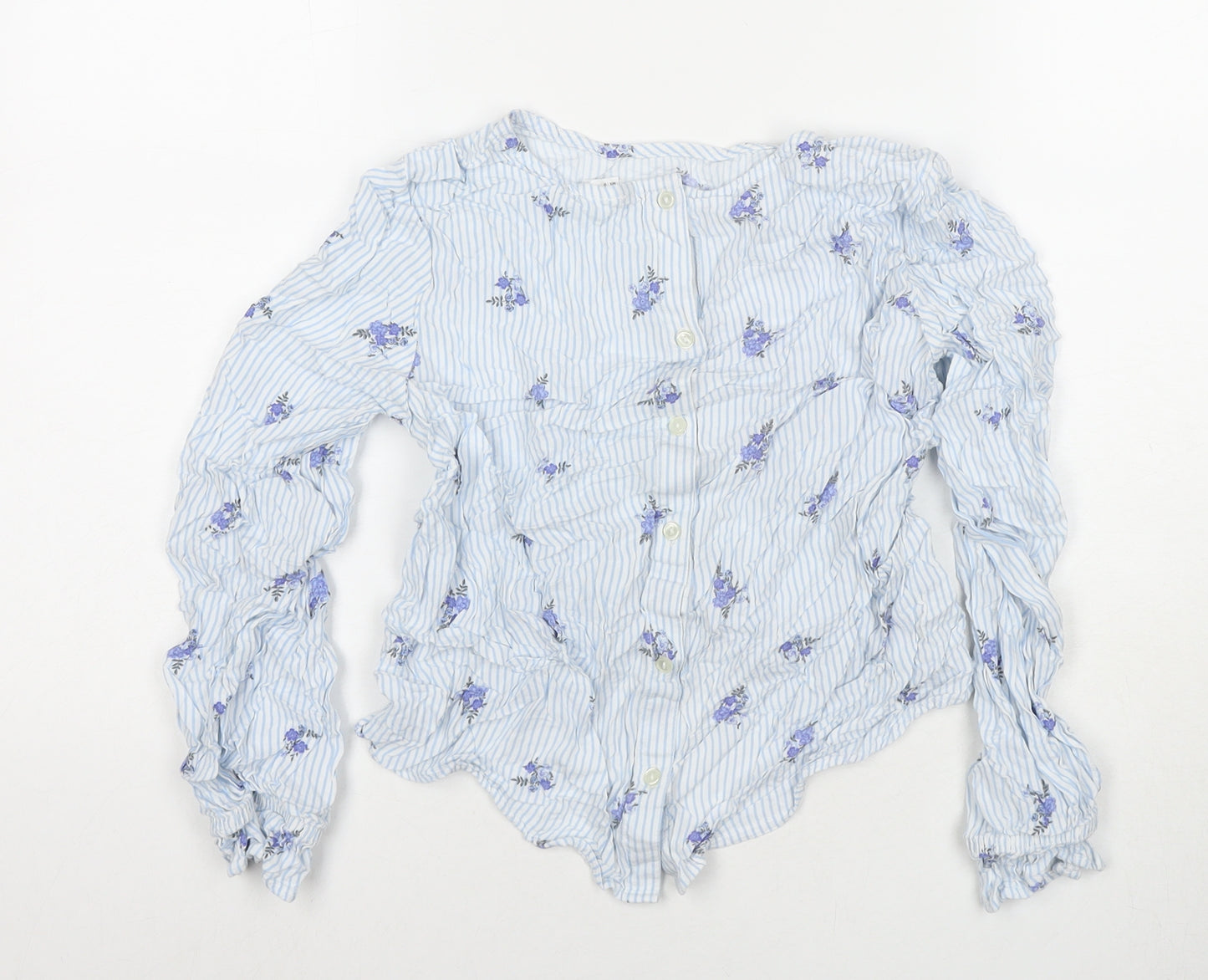 Divided by H&M Womens Blue Striped Viscose Basic Button-Up Size 4 Round Neck