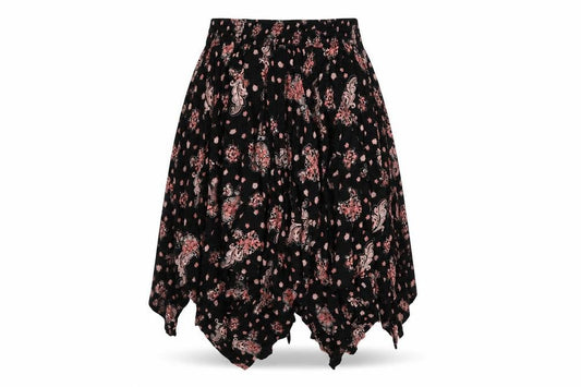 Front view of LASCANA women’s black floral viscose pleated skirt, size UK 10