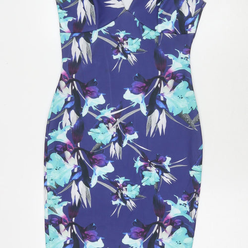 Quiz Womens Blue Floral Polyester Bodycon Size 10 Off the Shoulder Pullover