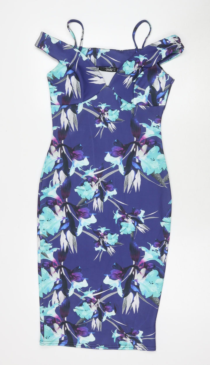 Quiz Womens Blue Floral Polyester Bodycon Size 10 Off the Shoulder Pullover