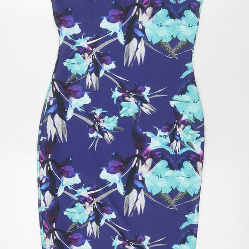 Quiz Womens Blue Floral Polyester Bodycon Size 10 Off the Shoulder Pullover