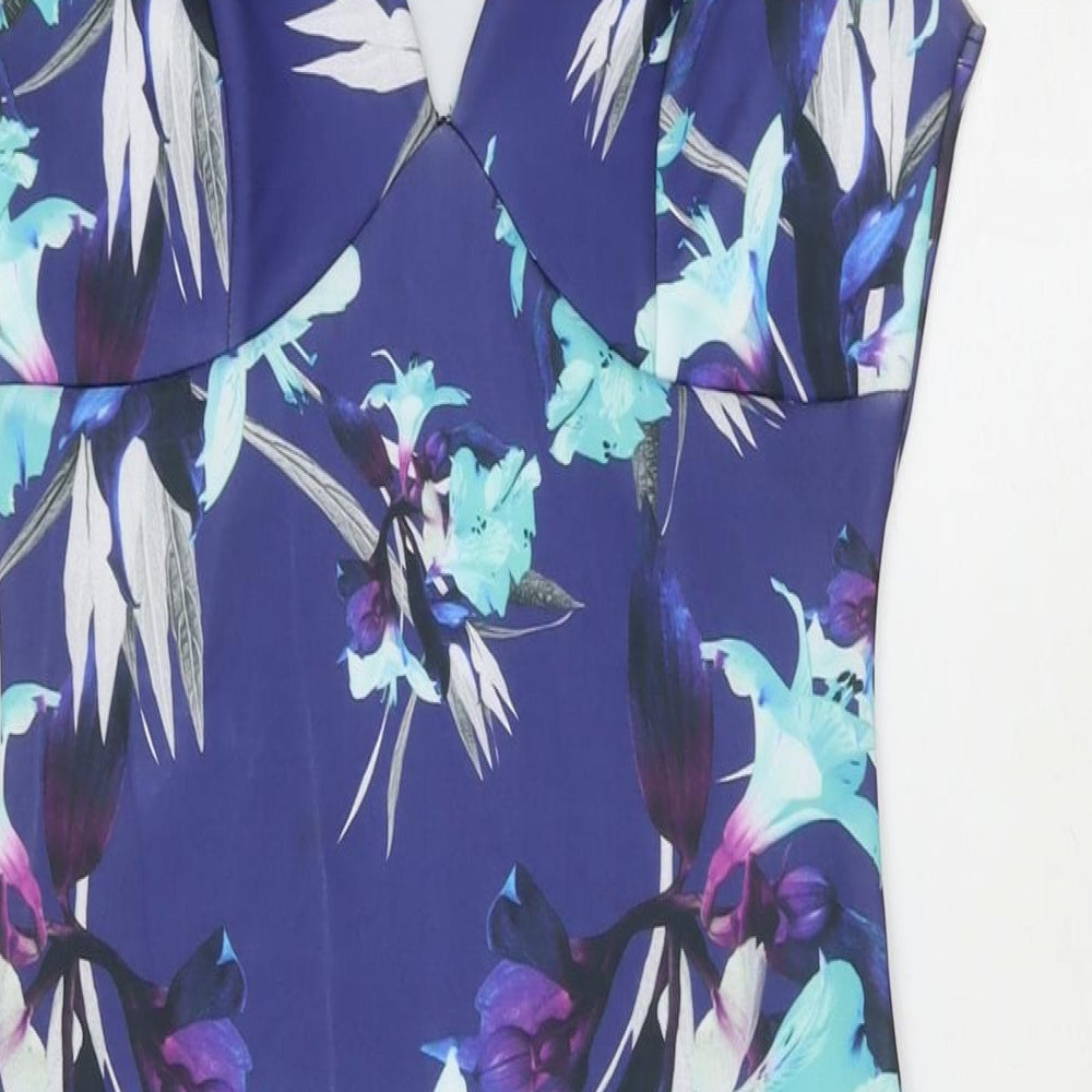 Quiz Womens Blue Floral Polyester Bodycon Size 10 Off the Shoulder Pullover