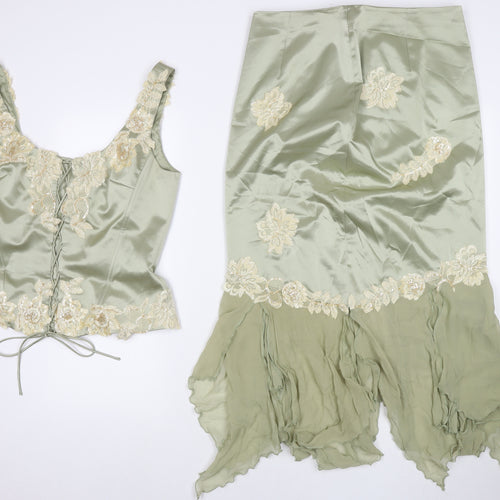 Anoushka G. Womens Green Polyester Swing Skirt Size 14 Zip - Matching Set Co-ord Sequin Flower Detail