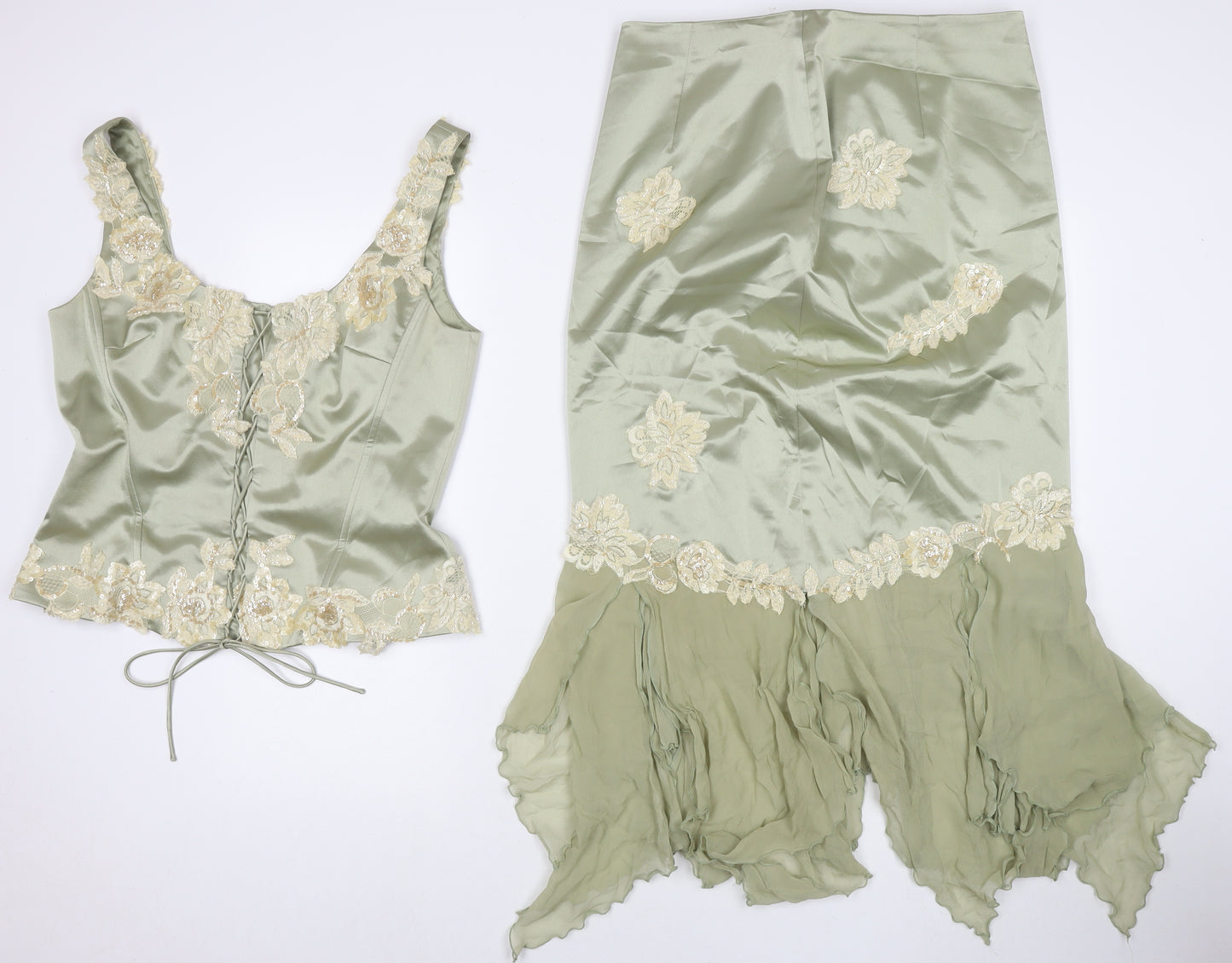 Anoushka G. Womens Green Polyester Swing Skirt Size 14 Zip - Matching Set Co-ord Sequin Flower Detail