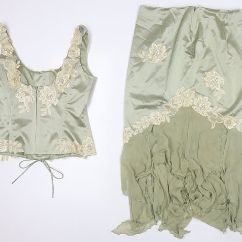 Anoushka G. Womens Green Polyester Swing Skirt Size 14 Zip - Matching Set Co-ord Sequin Flower Detail