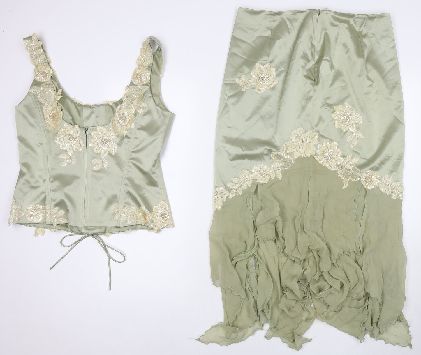 Anoushka G. Womens Green Polyester Swing Skirt Size 14 Zip - Matching Set Co-ord Sequin Flower Detail