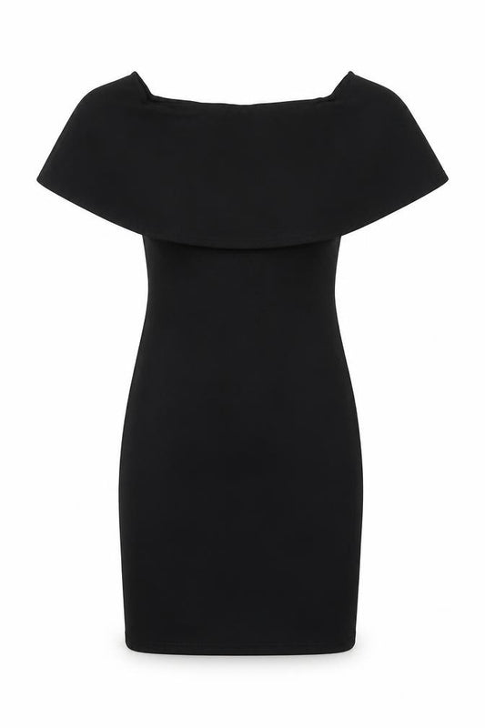 Front view of PRETTYLITTLETHING women’s black polyester bodycon, size UK 4, off the shoulder pullover