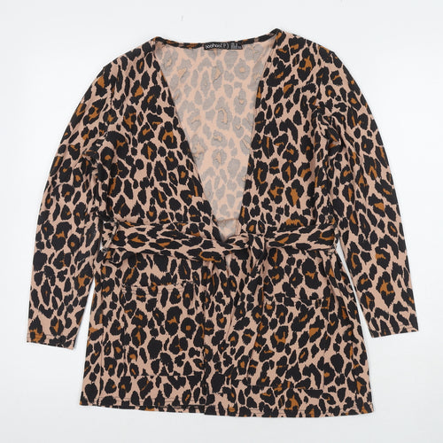 Boohoo Womens Multicoloured Animal Print Kimono Blazer Size 4 Tie - Leopard Print