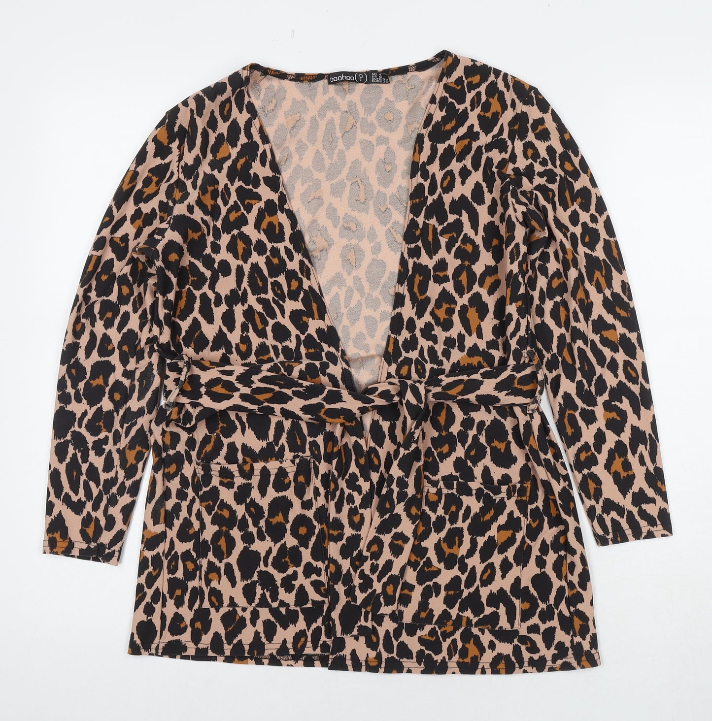 Boohoo Womens Multicoloured Animal Print Kimono Blazer Size 4 Tie - Leopard Print