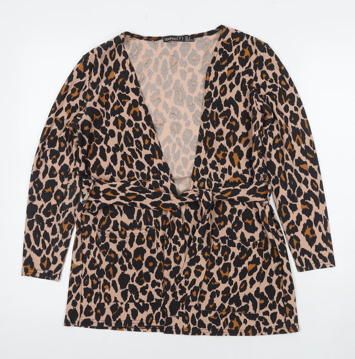 Boohoo Womens Multicoloured Animal Print Kimono Blazer Size 4 Tie - Leopard Print
