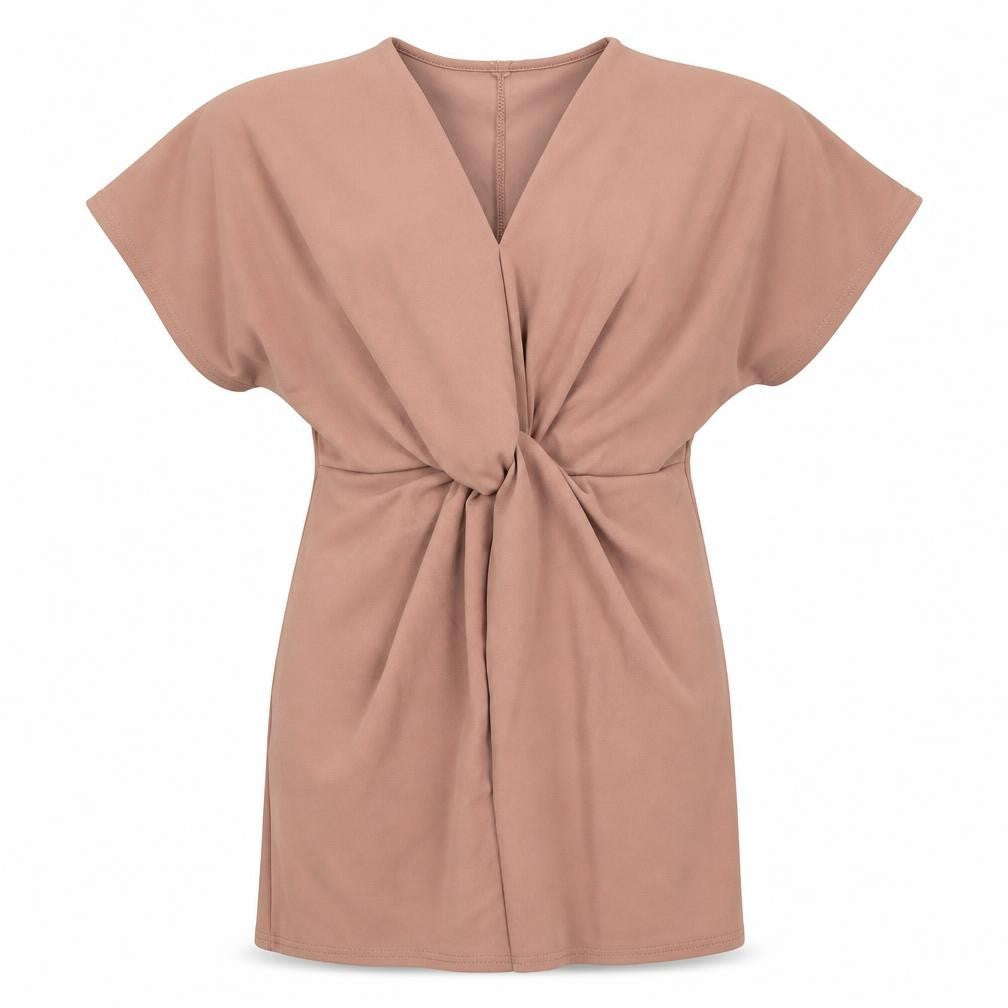 Front view of Missguided women’s beige polyester mini, size UK 8, round neck pullover