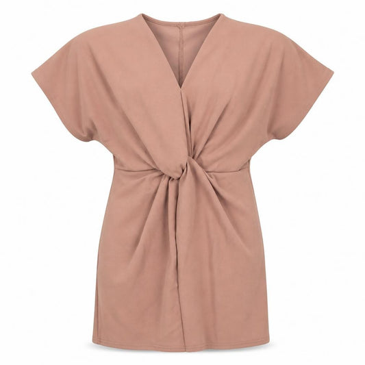 Front view of Missguided women’s beige polyester mini, size UK 8, round neck pullover