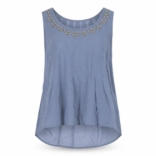 Front view of Monsoon women’s blue polyester basic blouse, size UK 8, round neck - beaded detail
