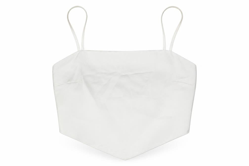 Front view of Stradivarius women’s white polyester cropped tank, size L, square neck