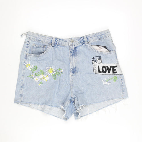 Topshop Womens Blue Cotton Cut-Off Shorts Size 16 Regular Zip - Embroidery