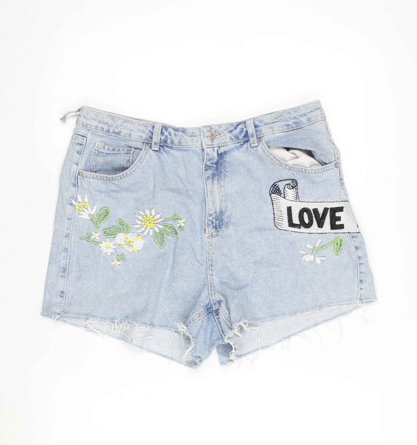 Topshop Womens Blue Cotton Cut-Off Shorts Size 16 Regular Zip - Embroidery