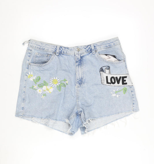 Topshop Womens Blue Cotton Cut-Off Shorts Size 16 Regular Zip - Embroidery