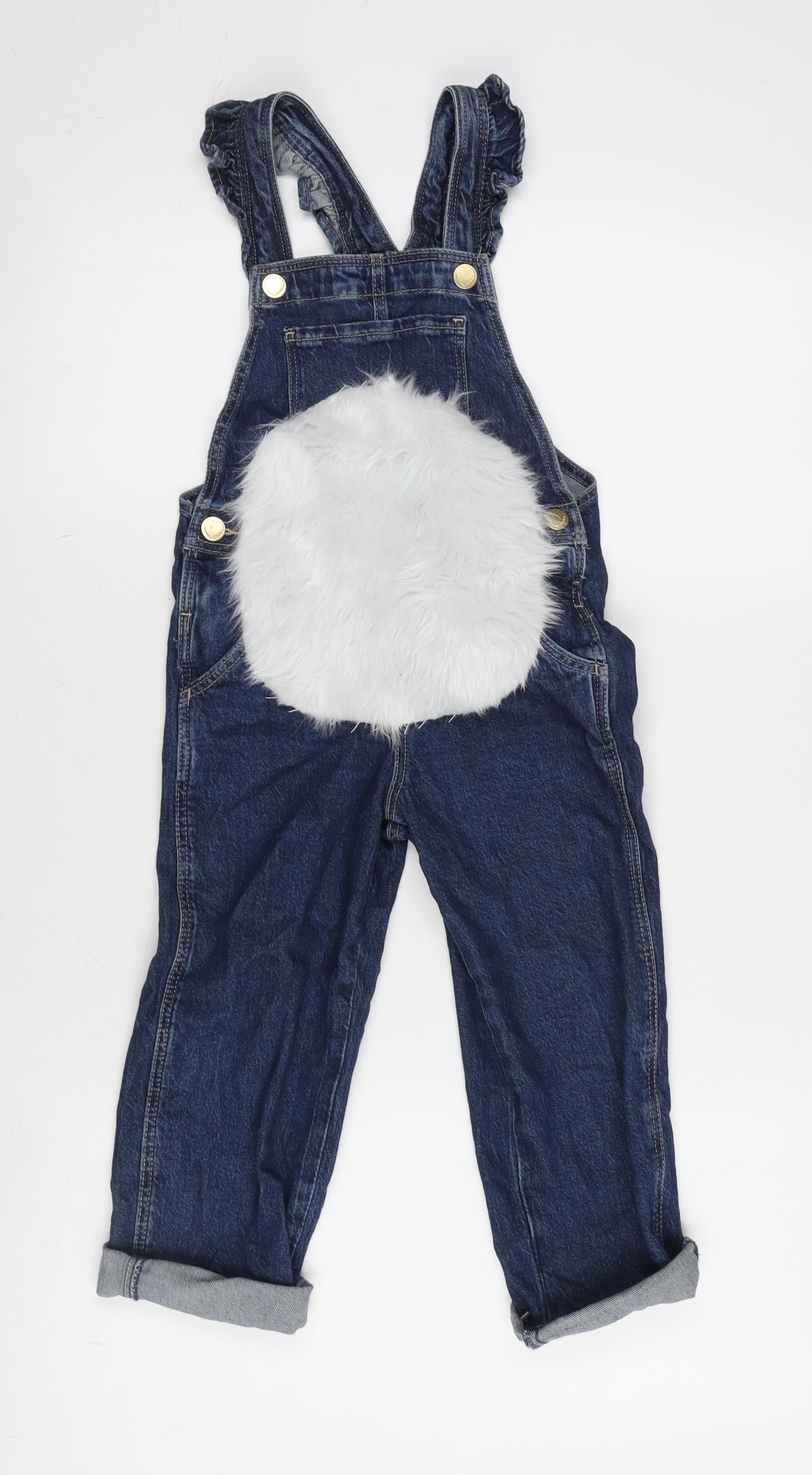 H&M Girls Blue Cotton Dungaree One-Piece Size 4-5 Years L15 in Snap - Fur Detail