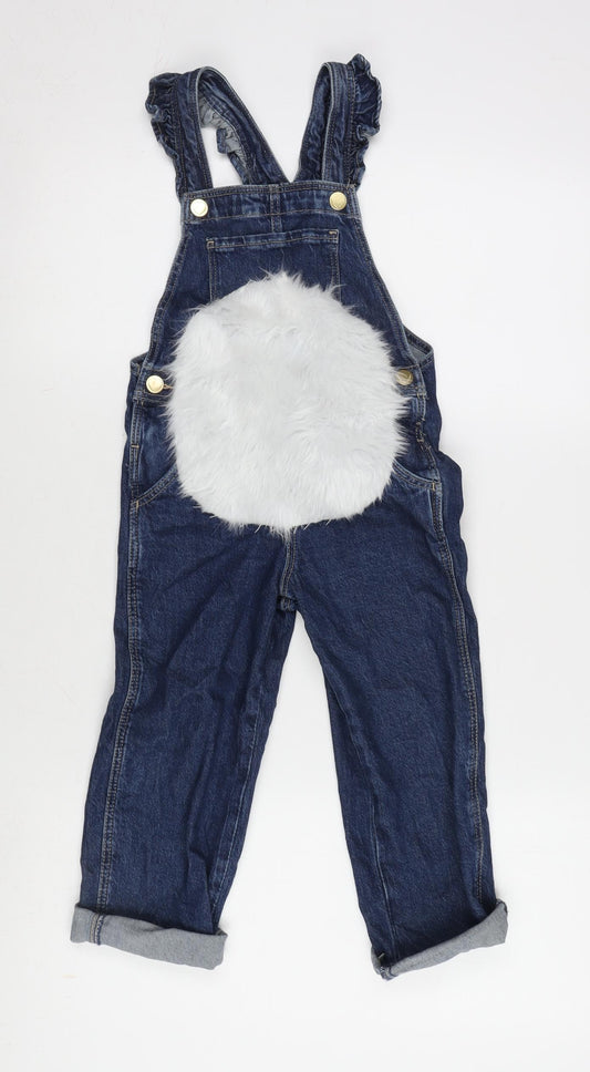 H&M Girls Blue Cotton Dungaree One-Piece Size 4-5 Years L15 in Snap - Fur Detail