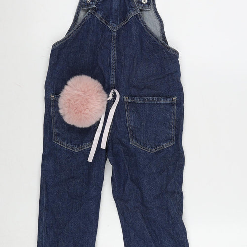 H&M Girls Blue Cotton Dungaree One-Piece Size 4-5 Years L15 in Snap - Fur Detail