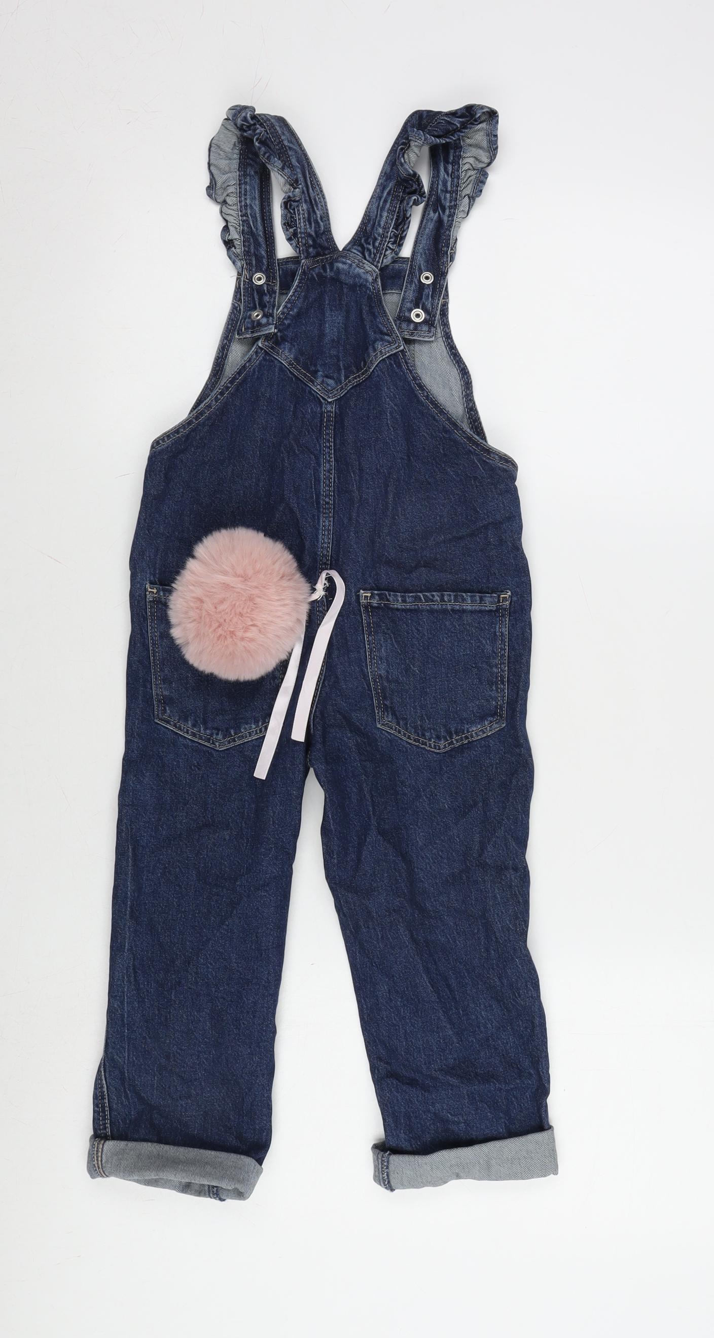 H&M Girls Blue Cotton Dungaree One-Piece Size 4-5 Years L15 in Snap - Fur Detail
