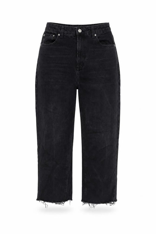 Front view of Topshop women’s grey cotton cropped jeans, size UK 30, in, 22-inch leg regular zip - raw hem