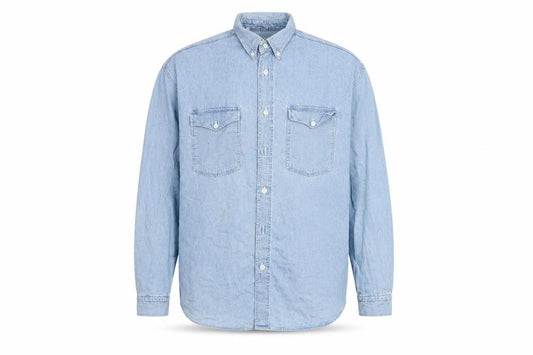 Front view of Spring Steen men’s blue cotton button-up, size 2XL, collared button