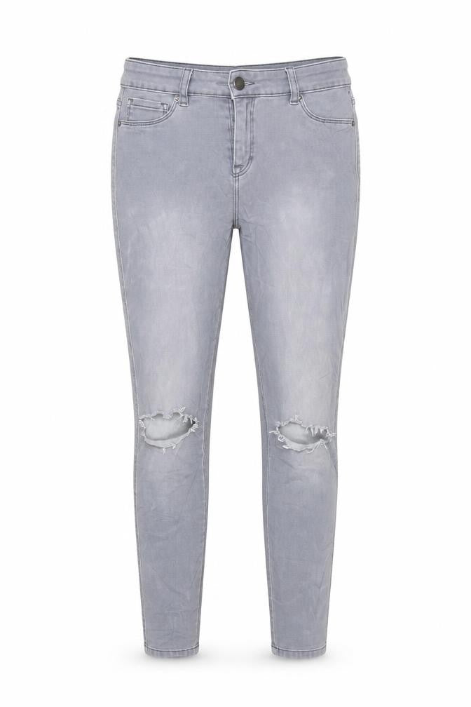 Front view of Next women’s grey cotton blend tapered jeans, size UK 12, 25-inch leg regular zip