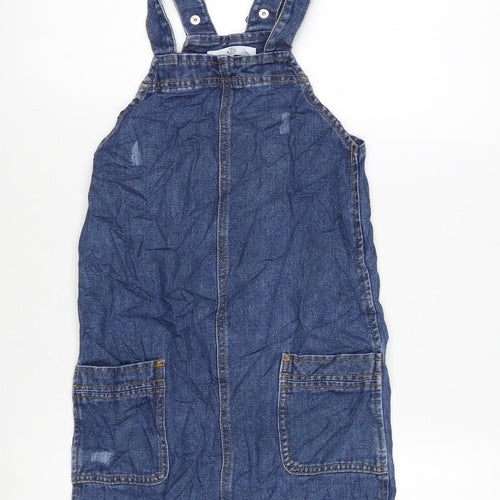 Marks and Spencer Girls Blue Cotton Pinafore/Dungaree Dress Size 8-9 Years Square Neck Snap - Distressed- Adjustable straps