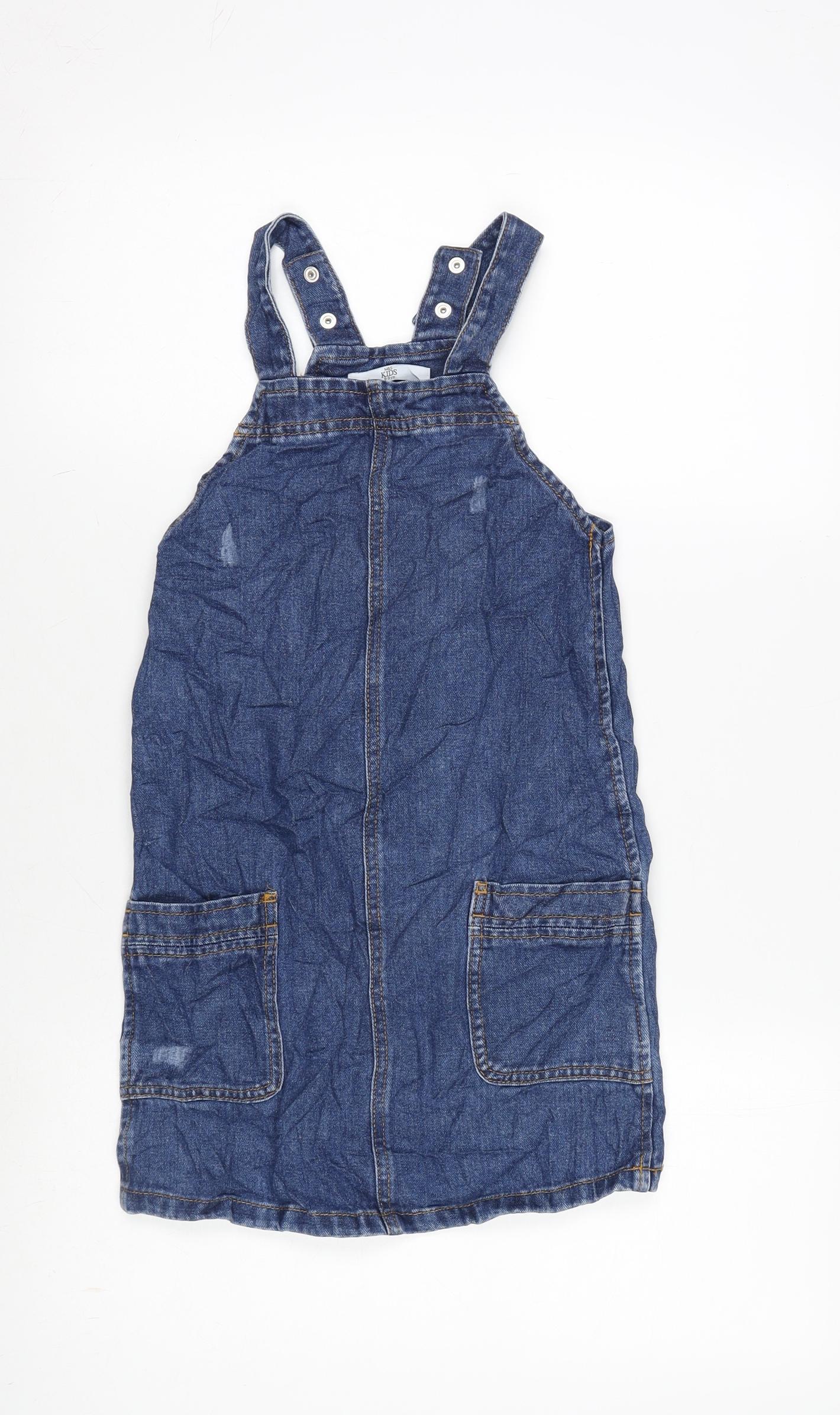 Marks and Spencer Girls Blue Cotton Pinafore/Dungaree Dress Size 8-9 Years Square Neck Snap - Distressed- Adjustable straps