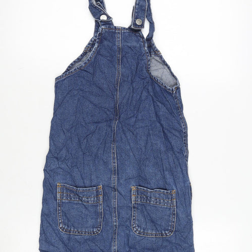 Marks and Spencer Girls Blue Cotton Pinafore/Dungaree Dress Size 8-9 Years Square Neck Snap - Distressed- Adjustable straps