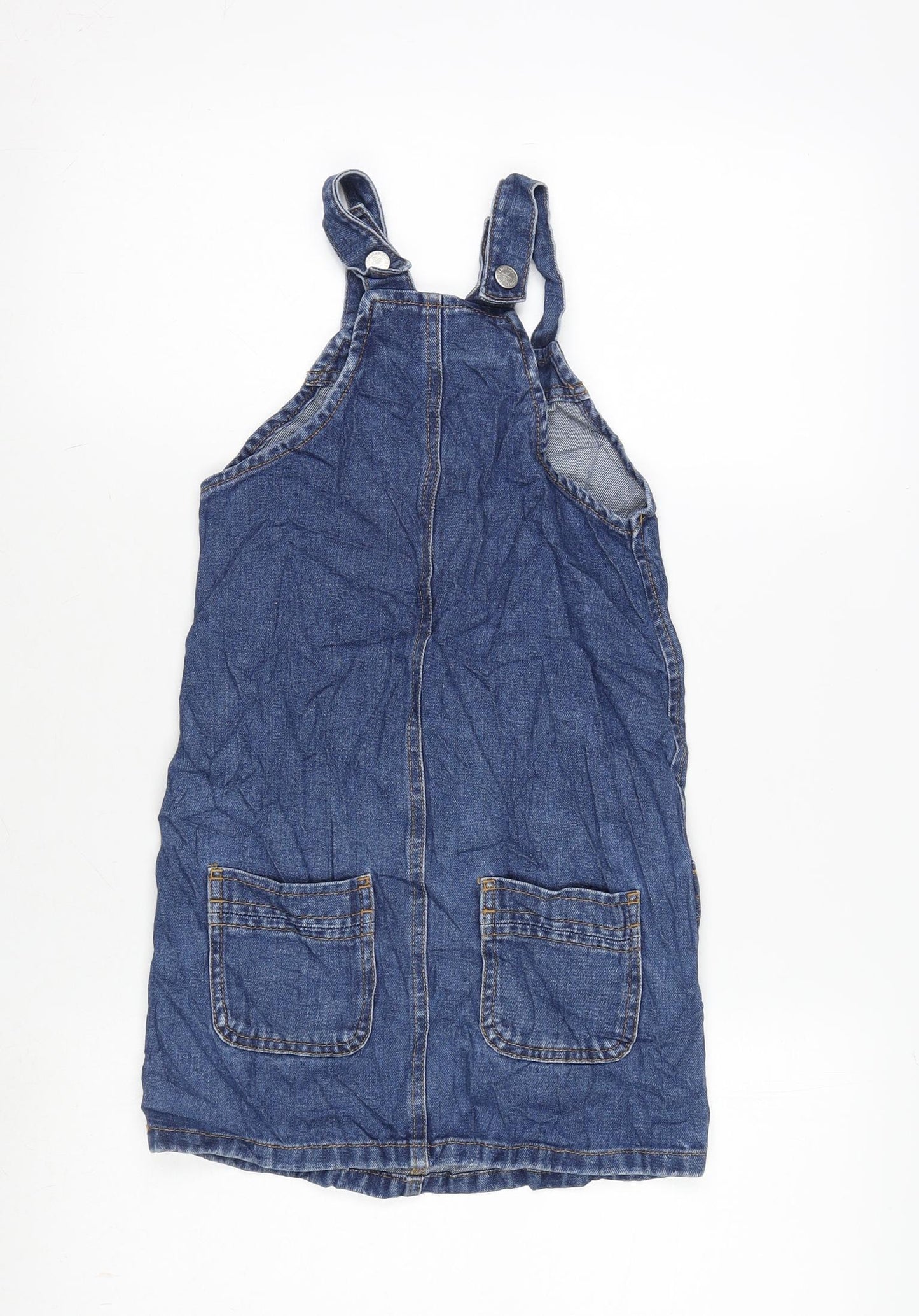 Marks and Spencer Girls Blue Cotton Pinafore/Dungaree Dress Size 8-9 Years Square Neck Snap - Distressed- Adjustable straps