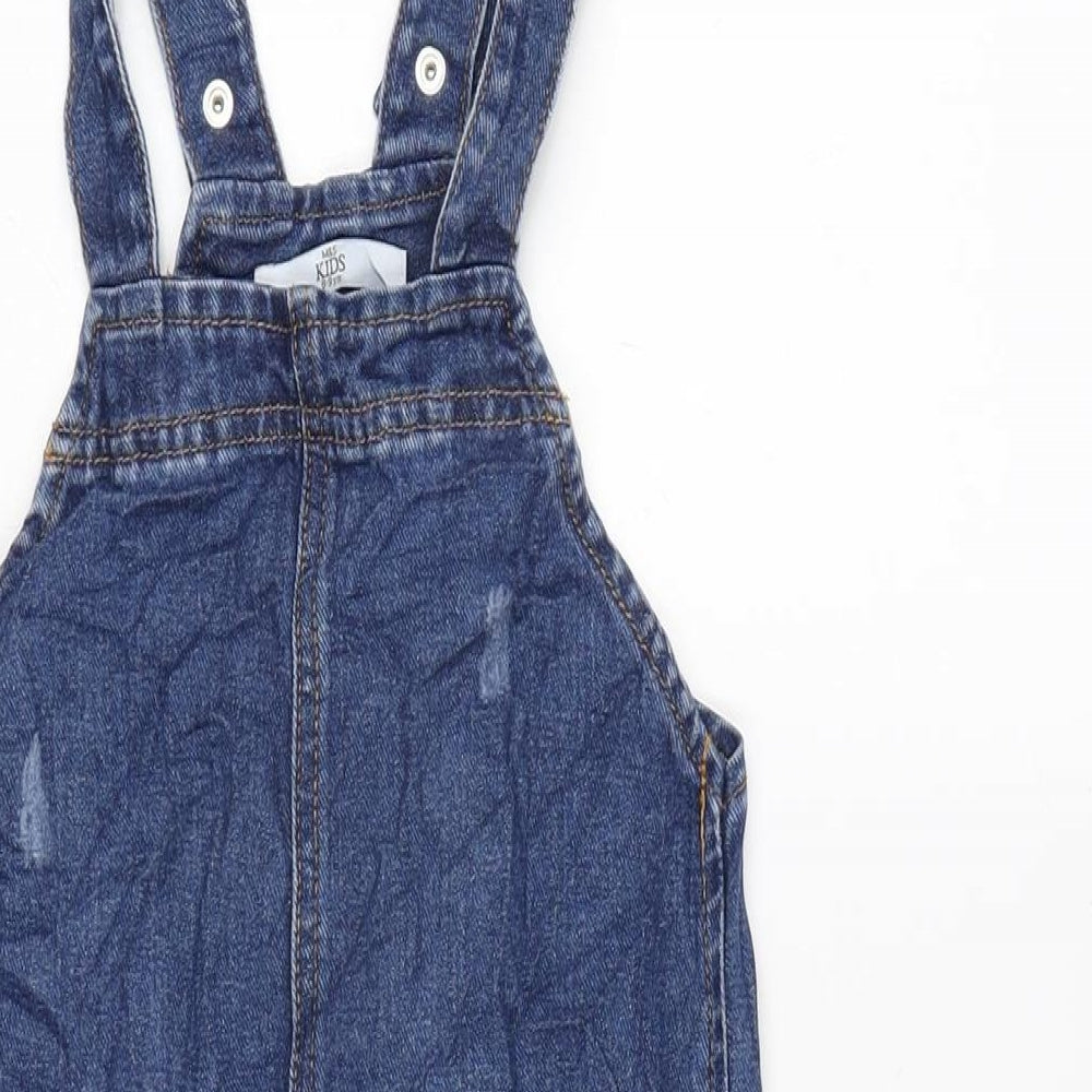 Marks and Spencer Girls Blue Cotton Pinafore/Dungaree Dress Size 8-9 Years Square Neck Snap - Distressed- Adjustable straps