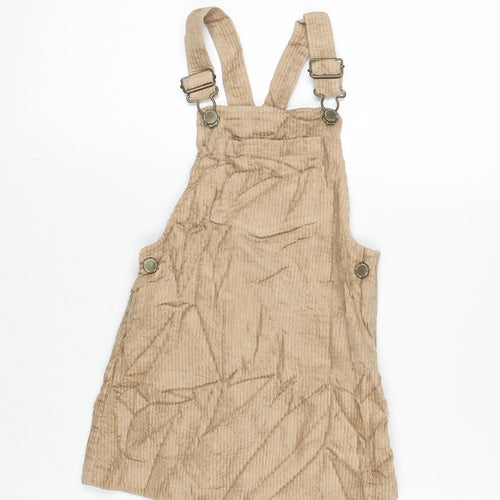 NEXT Girls Beige Cotton Pinafore/Dungaree Dress Size 3-4 Years Square Neck Snap - Adjustable Straps