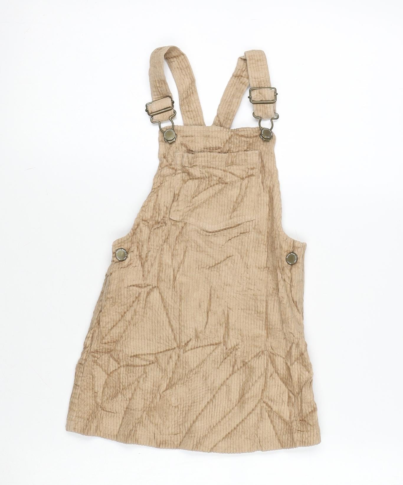 NEXT Girls Beige Cotton Pinafore/Dungaree Dress Size 3-4 Years Square Neck Snap - Adjustable Straps