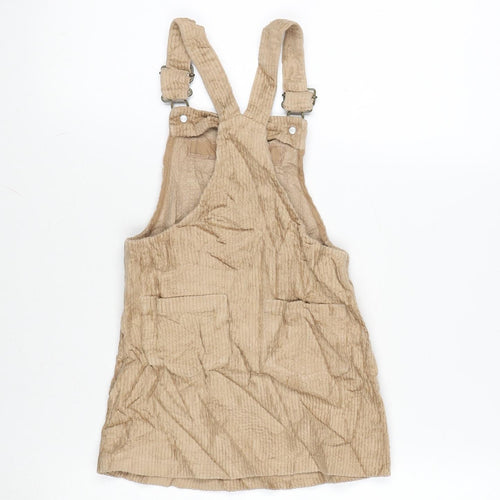 NEXT Girls Beige Cotton Pinafore/Dungaree Dress Size 3-4 Years Square Neck Snap - Adjustable Straps