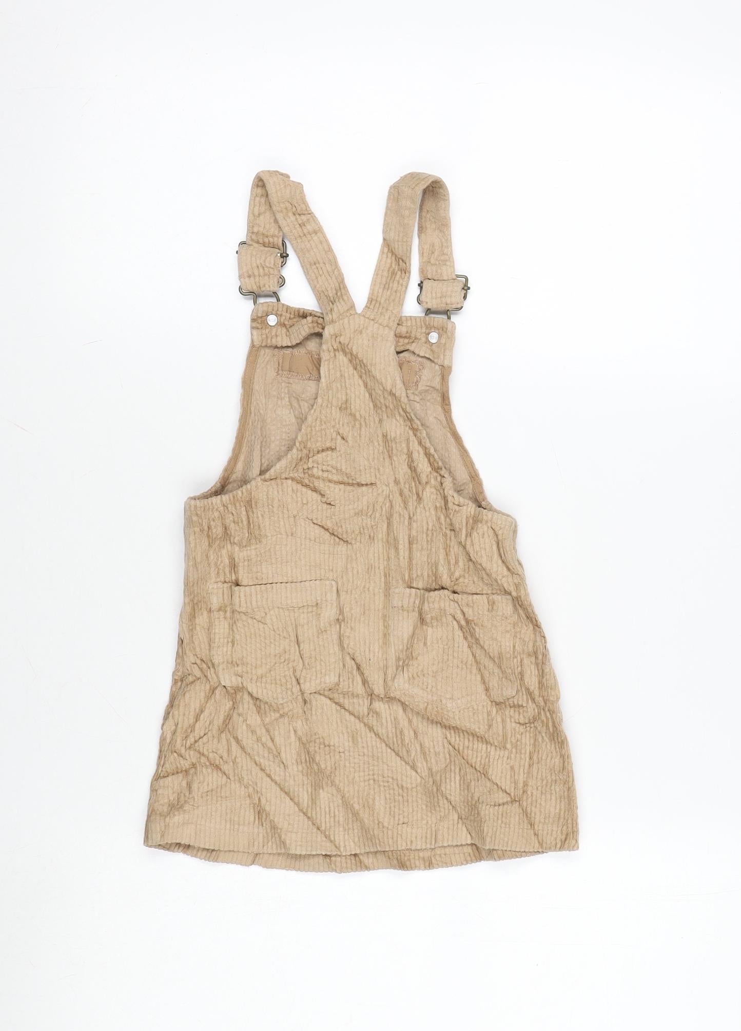 NEXT Girls Beige Cotton Pinafore/Dungaree Dress Size 3-4 Years Square Neck Snap - Adjustable Straps