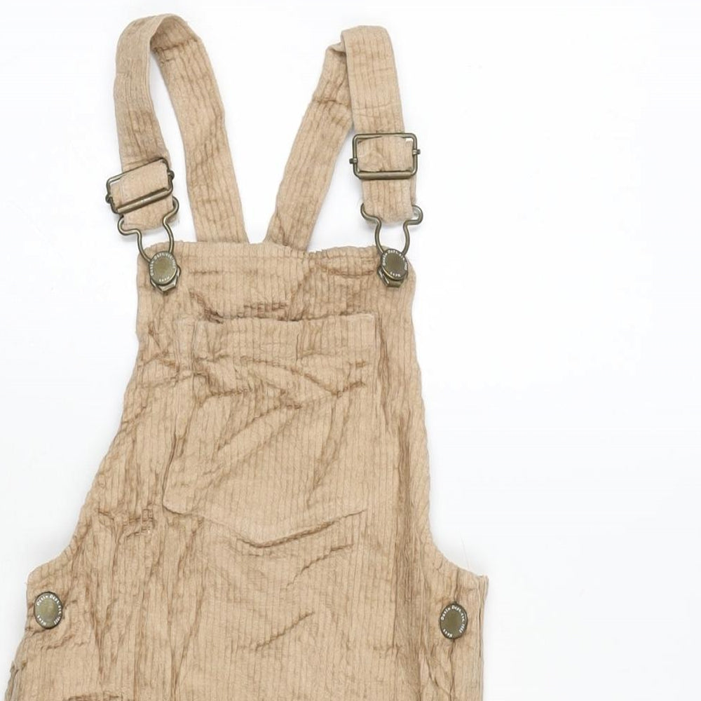 NEXT Girls Beige Cotton Pinafore/Dungaree Dress Size 3-4 Years Square Neck Snap - Adjustable Straps