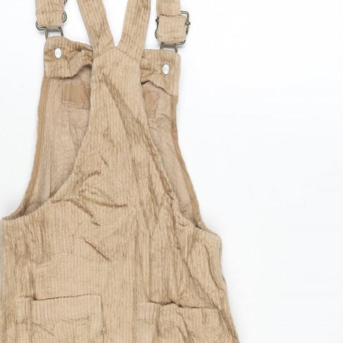 NEXT Girls Beige Cotton Pinafore/Dungaree Dress Size 3-4 Years Square Neck Snap - Adjustable Straps