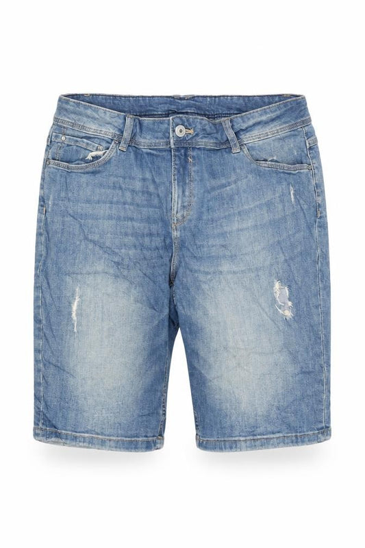 Front view of Yessica women’s blue houndstooth cotton bermuda shorts, size UK 34, in, 12-inch leg regular zip