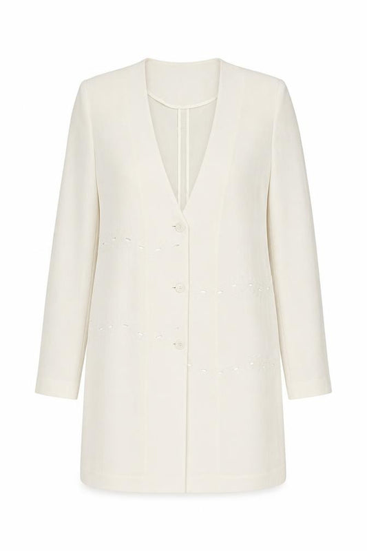 Front view of Wish women’s ivory polyester shift, size UK 14, v-neck button