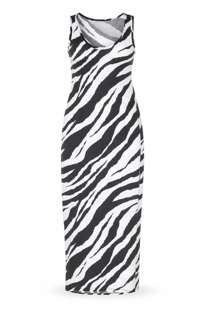 Front view of PRETTYLITTLETHING women’s white animal print polyester maxi, size UK 4, scoop neck pullover